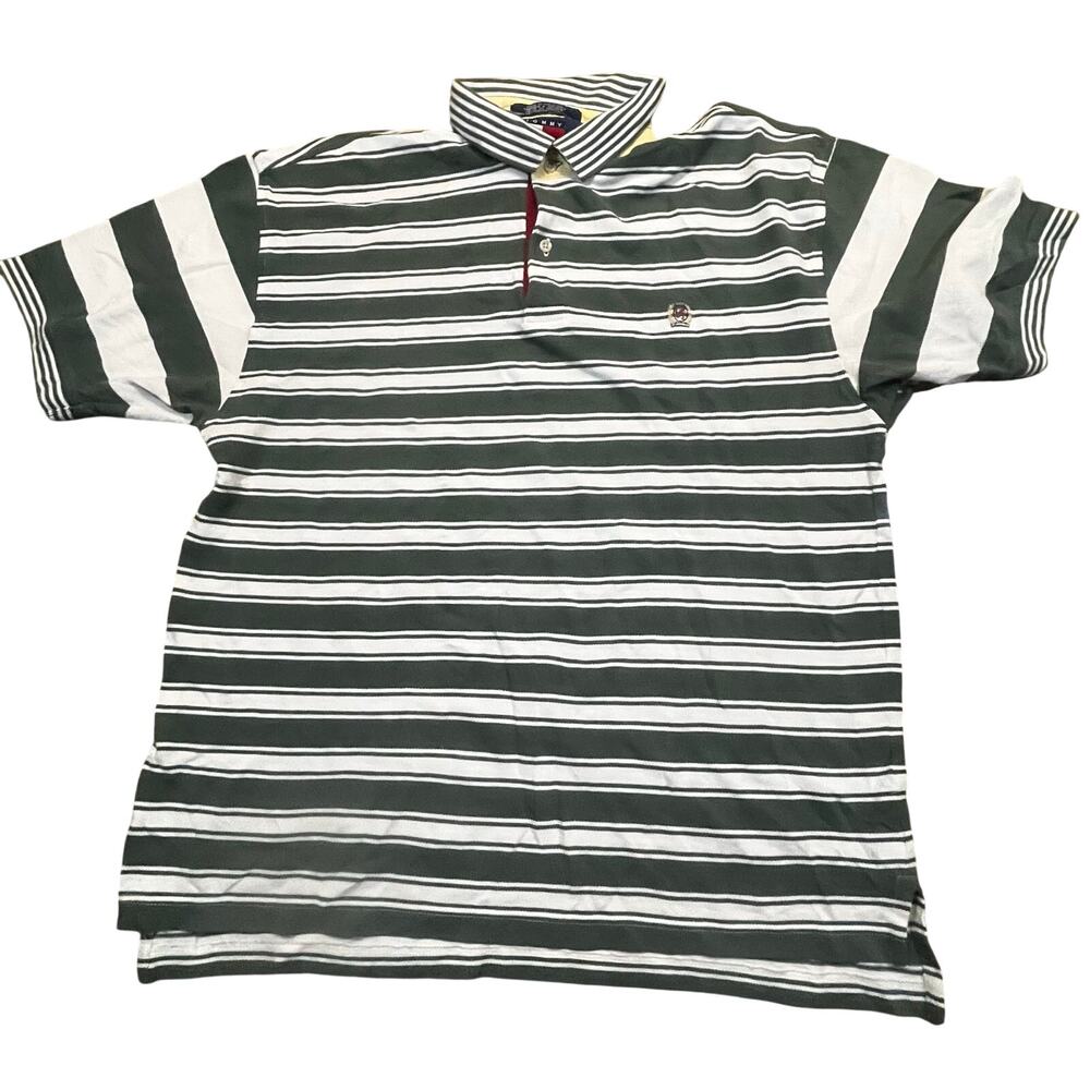 Tommy Hilfiger Polo Shirt Mens Large Green White Striped‎ Classic Logo Preppy